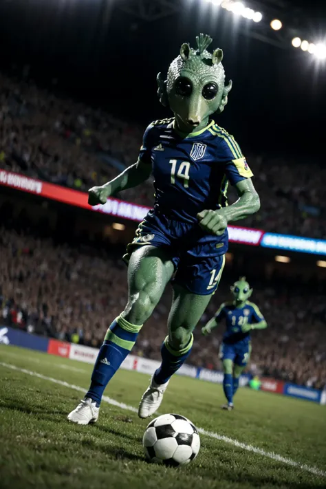 rodian alien woman playing soccer,cinematic angle,scoring goal<lora:RodiantestSkin1:0.8>