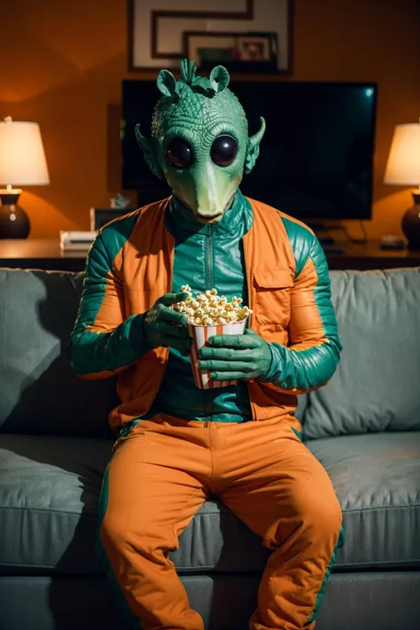 rodian alien watching tv at home,eating popcorn,sitting on big couch,orange and green jumpsuit,orange vest, posing<lora:RodiantestSkin1:0.8>