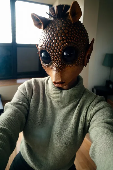 alien skin,photorealistic, sharp focus, raw photo, amateur photo,rodian alien, take a selfie, no panties, oversized sweater, detailed skin pores & face texture, pores, (goosebumbs:0.7), dynamic pose, looking at viewer, face focus, taken with mobile cam, film grain<lora:RodiantestSkin1:0.8>