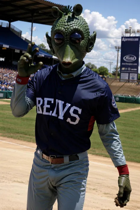 rodian alien wearing a baseball uniform <lora:Baseball Uniform By Stable Yogi:0.8> <lora:RodiantestSkin1:0.8>