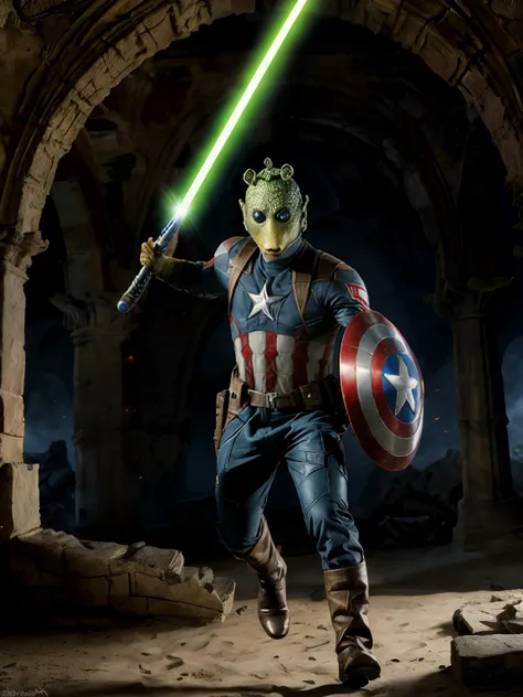 photograph, masterpiece, rodian alien, dressed as Captain America, holding shield, jumping toward a helicopter, holding a lightsaber,  
crumbling monastery, faded manuscripts, silent prayers, remnants of spiritual devotion
Full body shot. Dynamic action shot, very detailed. Volumetric lighting
<lora:RodiantestSkin1:1.0>, <lora:neg4all_bdsqlsz_xl_V7:1.0>