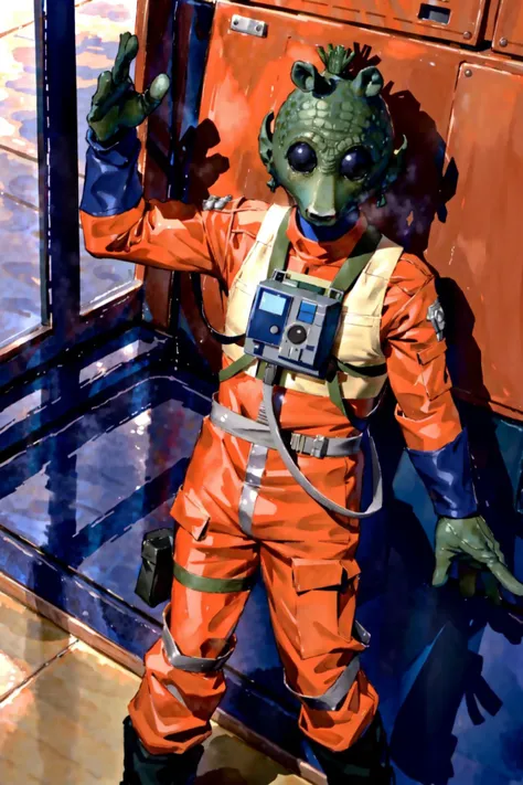 rodian alien,in orange rebel pilot suit,in a hangar<lora:RodiantestSkin1:0.8><lora:RPSV3:0.6>