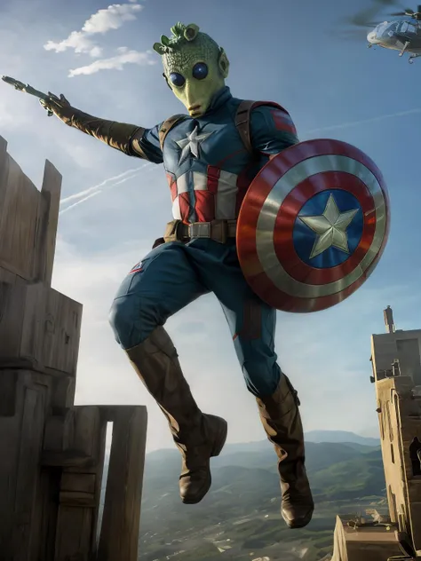 photograph, masterpiece, rodian alien, dressed as Captain America, holding shield, jumping toward a helicopter
Full body shot. Dynamic action shot, very detailed. 
<lora:RodiantestSkin1:1.0>, <lora:neg4all_bdsqlsz_xl_V7:1.0>
