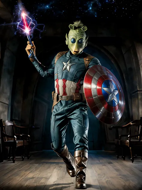 photograph, masterpiece, rodian alien, dressed as Captain America, holding shield, jumping toward a futuristic ship, with wand from Harry Potter. The wand is making magical sparks.
Wonderland
Full body shot. Dynamic action shot, very detailed. Volumetric lighting
<lora:RodiantestSkin1:1.0>, <lora:neg4all_bdsqlsz_xl_V7:1.0>