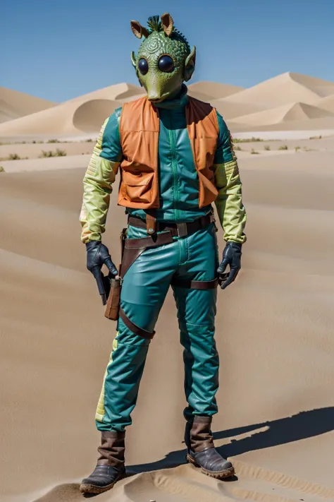 rodian alien,orange vest,belt,holster,green and yellow jumpsuit,green skin,on a desert<lora:RodiantestSkin1:0.8>