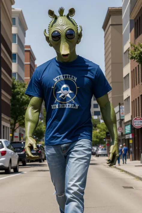 rodian alien,in a tshirt,jeans,walking on a city street,dynamic angle<lora:RodiantestSkin1:0.8>