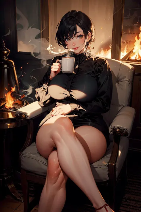 1girl, sitting, chair, crossed legs, drinking coffee, light smile, fire and smoke in the background, burning <lora:PulenKompot-Voluptuous-v1.2:1> voluptuous