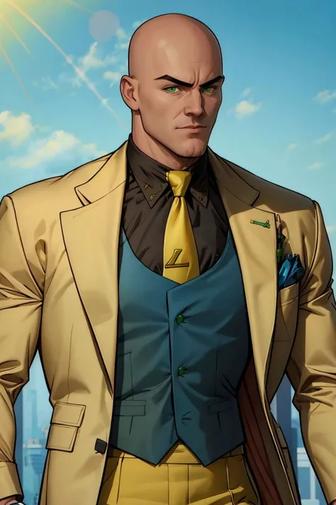<lora:Lex Luthor (Tomorrowverse)_v1:1> lex luthor, bald, green eyes, yellow suit, open clothes, black shirt, collared shirt, blue vest, yellow necktie, yellow pants, upper body, blue sky