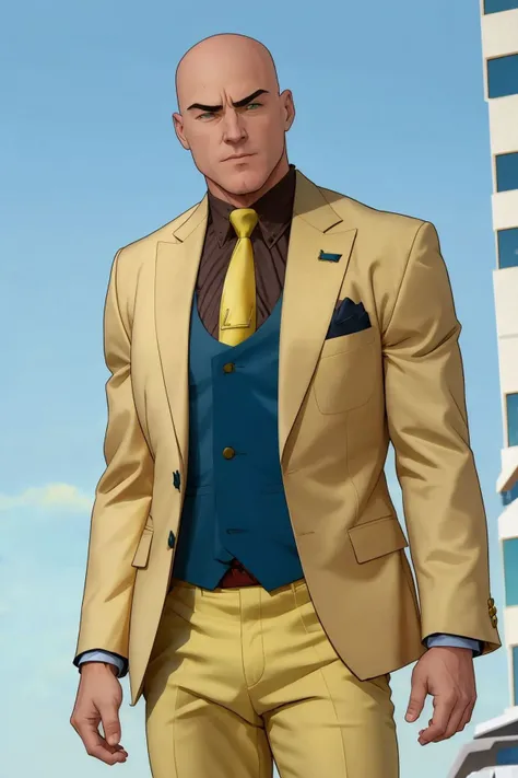 <lora:Lex Luthor (Tomorrowverse)_v1:1> lex luthor, bald, green eyes, yellow suit, open clothes, black shirt, collared shirt, blue vest, yellow necktie, yellow pants, upper body, blue sky