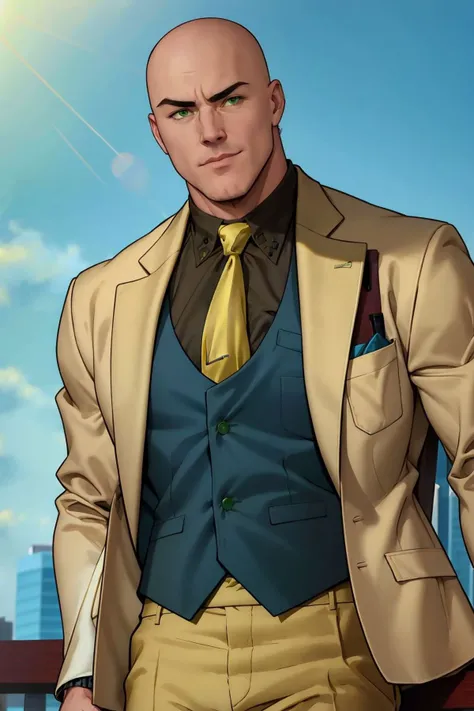 <lora:Lex Luthor (Tomorrowverse)_v1:1> lex luthor, bald, green eyes, yellow suit, open clothes, black shirt, collared shirt, blue vest, yellow necktie, yellow pants, upper body, blue sky