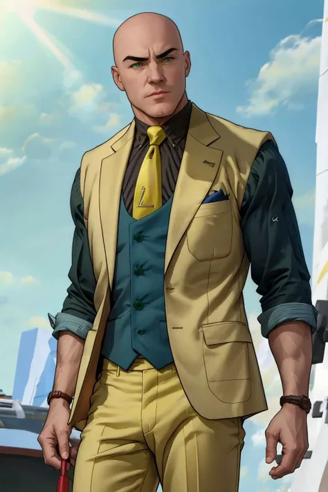 <lora:Lex Luthor (Tomorrowverse)_v1:1> lex luthor, bald, green eyes, yellow suit, open clothes, black shirt, collared shirt, blue vest, yellow necktie, yellow pants, upper body, blue sky