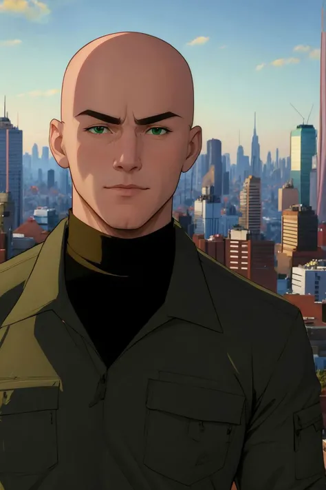 <lora:Lex Luthor (Tomorrowverse)_v1:1> lex luthor, bald, green eyes, green jacket, black shirt, turtleneck, brown pants, upper body, cityscape background