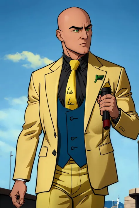 <lora:Lex Luthor (Tomorrowverse)_v1:1> lex luthor, bald, green eyes, yellow suit, open clothes, black shirt, collared shirt, blue vest, yellow necktie, yellow pants, upper body, blue sky