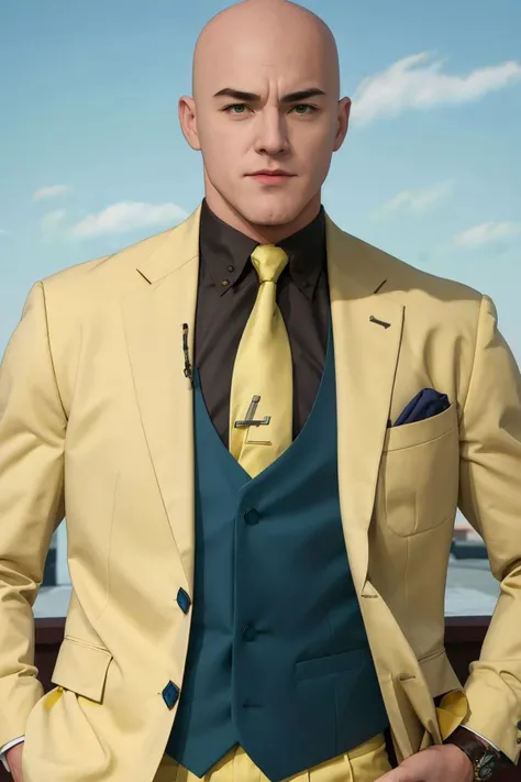 <lora:Lex Luthor (Tomorrowverse)_v1:1> lex luthor, bald, green eyes, yellow suit, open clothes, black shirt, collared shirt, blue vest, yellow necktie, yellow pants, upper body, blue sky