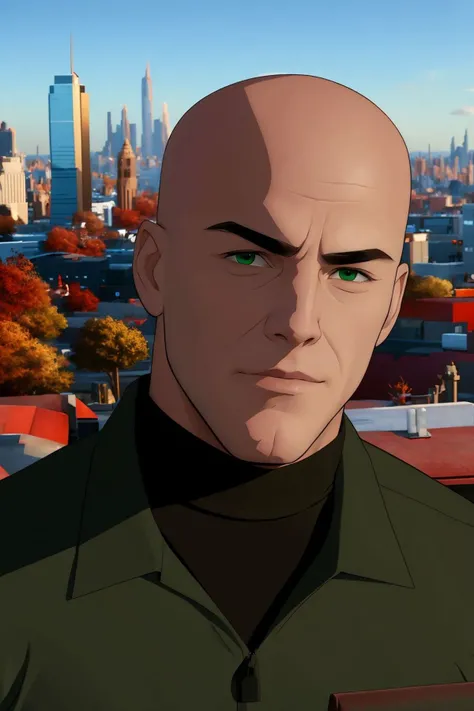 <lora:Lex Luthor (Tomorrowverse)_v1:1> lex luthor, bald, green eyes, green jacket, black shirt, turtleneck, brown pants, upper body, cityscape background