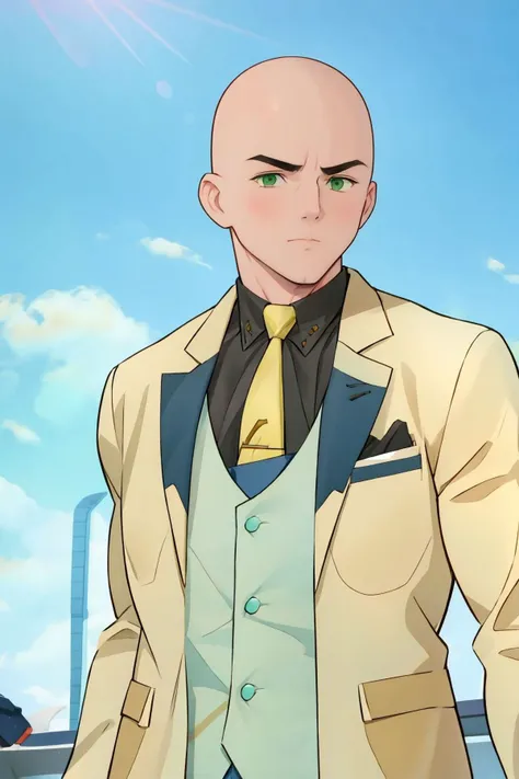 <lora:Lex Luthor (Tomorrowverse)_v1:1> lex luthor, bald, green eyes, yellow suit, open clothes, black shirt, collared shirt, blue vest, yellow necktie, yellow pants, upper body, blue sky