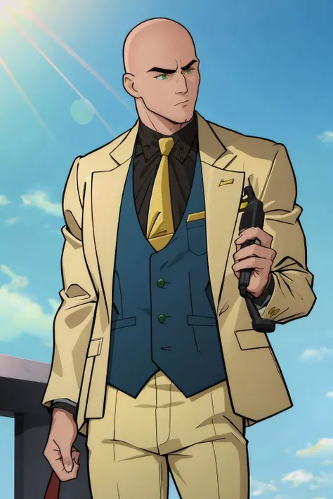 <lora:Lex Luthor (Tomorrowverse)_v1:1> lex luthor, bald, green eyes, yellow suit, open clothes, black shirt, collared shirt, blue vest, yellow necktie, yellow pants, upper body, blue sky
