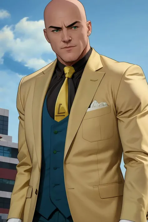 <lora:Lex Luthor (Tomorrowverse)_v1:1> lex luthor, bald, green eyes, yellow suit, open clothes, black shirt, collared shirt, blue vest, yellow necktie, yellow pants, upper body, blue sky
