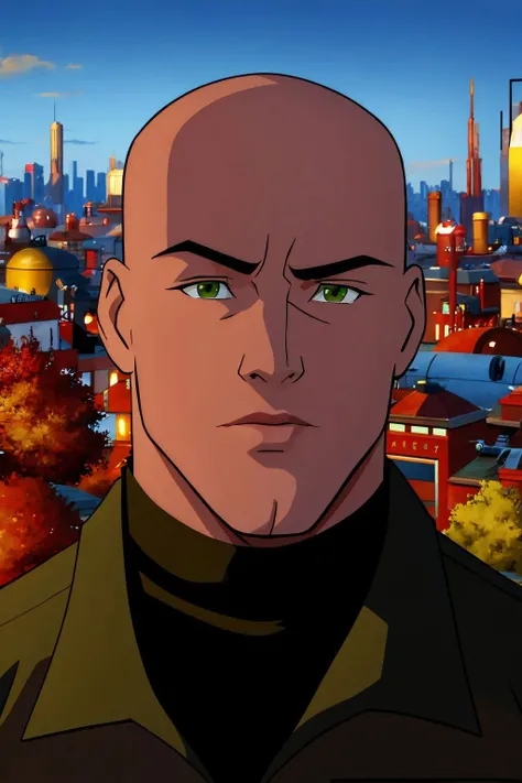 <lora:Lex Luthor (Tomorrowverse)_v1:1> lex luthor, bald, green eyes, green jacket, black shirt, turtleneck, brown pants, upper body, cityscape background