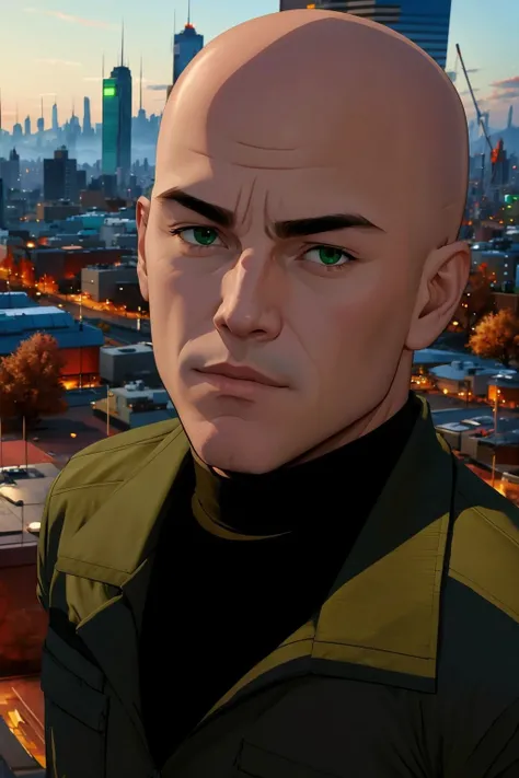 <lora:Lex Luthor (Tomorrowverse)_v1:1> lex luthor, bald, green eyes, green jacket, black shirt, turtleneck, brown pants, upper body, cityscape background