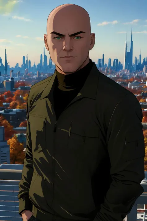 <lora:Lex Luthor (Tomorrowverse)_v1:1> lex luthor, bald, green eyes, green jacket, black shirt, turtleneck, brown pants, upper body, cityscape background