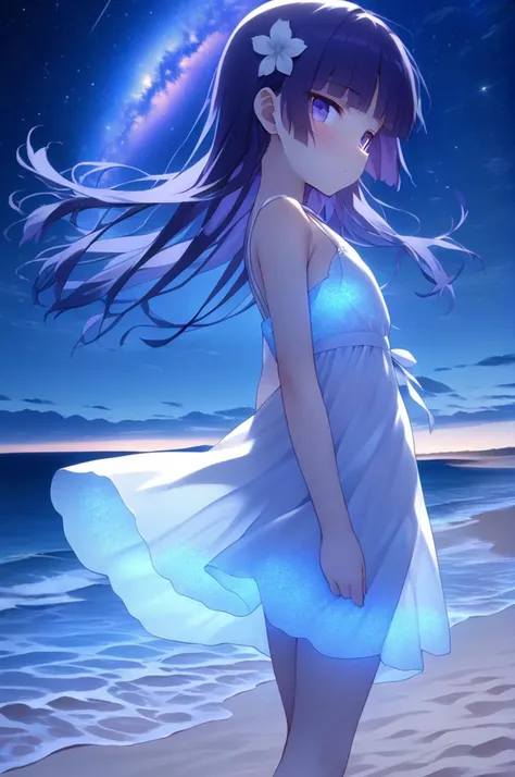 1girl,ite,from side,sky,milky way,gokou ruri,wind,white summer dress,sandals,girl looking at viewer,The beach glowed blue,The water glowed blue,walking by the beach at night emitting a blue glow,zoom out<lora:Glowing_beach:0.6><lora:better skin typeB-v1:1> <lora:XDetail_light:1.2>masterpiece,best quality <lora:ruri_XL:0.7>