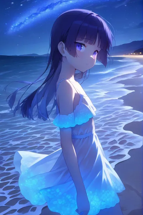 1girl,ite,from side,sky,milky way,gokou ruri,wind,white summer dress,sandals,girl looking at viewer,The beach glowed blue,The water glowed blue,walking by the beach at night emitting a blue glow,zoom out<lora:Glowing_beach:0.9><lora:better skin typeB-v1:1> <lora:XDetail_light:1.2>masterpiece,best quality <lora:ruri_XL:0.7>