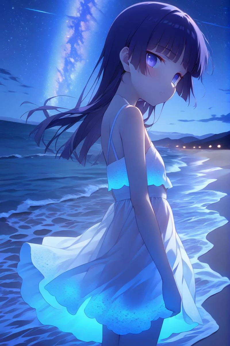 1girl,ite,from side,sky,milky way,gokou ruri,wind,white summer dress,sandals,girl looking at viewer,The beach glowed blue,The water glowed blue,walking by the beach at night emitting a blue glow,zoom out<lora:Glowing_beach:0.9><lora:better skin typeB-v1:1> <lora:XDetail_light:1.2>masterpiece,best quality <lora:ruri_XL:0.7>