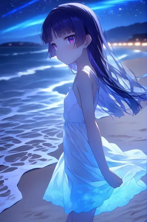 1girl,petite,from side,sky,milky way,gokou ruri,wind,white summer dress,sandals,girl looking at viewer,The beach glowed blue,The water glowed blue,walking by the beach at night emitting a blue glow,zoom out<lora:Glowing_beach:0.9><lora:better skin typeB-v1:1> <lora:XDetail_light:1.2>masterpiece,best quality <lora:ruri_XL:0.7>