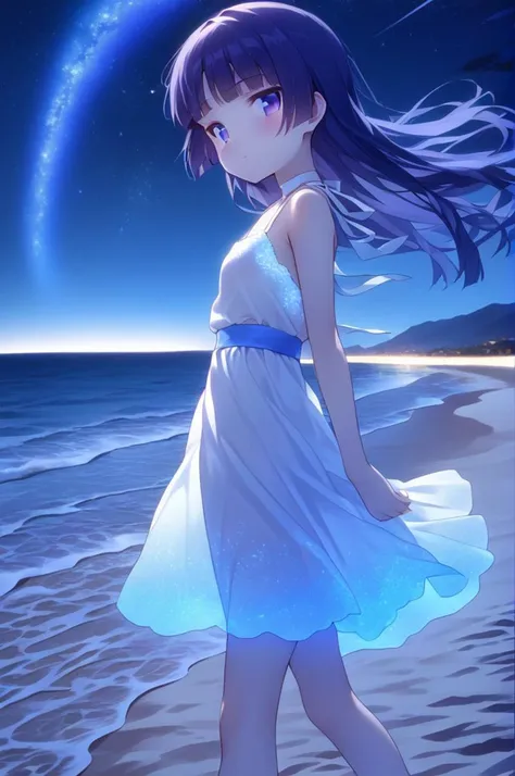 1girl,ite,from side,sky,milky way,gokou ruri,wind,white summer dress,sandals,girl looking at viewer,The beach glowed blue,The water glowed blue,walking by the beach at night emitting a blue glow,zoom out<lora:Glowing_beach:0.6><lora:better skin typeB-v1:1> <lora:XDetail_light:1.2>masterpiece,best quality <lora:ruri_XL:0.7>