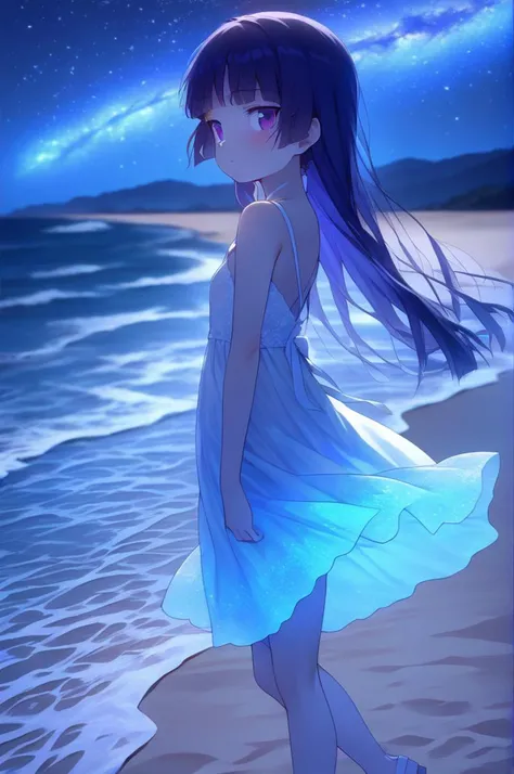 1girl,petite,from side,sky,milky way,gokou ruri,wind,white summer dress,sandals,girl looking at viewer,The beach glowed blue,The water glowed blue,walking by the beach at night emitting a blue glow,zoom out<lora:Glowing_beach:0.9><lora:better skin typeB-v1:1> <lora:XDetail_light:1.2>masterpiece,best quality <lora:ruri_XL:0.7>