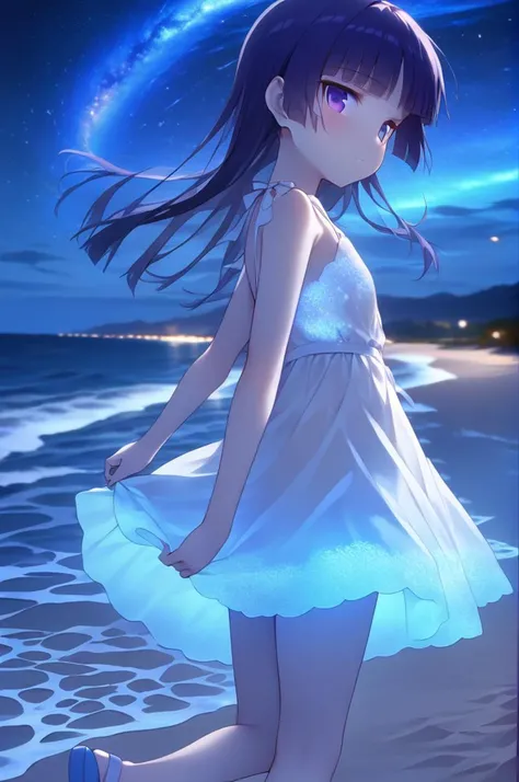 1girl,ite,from side,sky,milky way,gokou ruri,wind,white summer dress,sandals,girl looking at viewer,The beach glowed blue,The water glowed blue,walking by the beach at night emitting a blue glow,zoom out<lora:Glowing_beach:0.6><lora:better skin typeB-v1:1> <lora:XDetail_light:1.2>masterpiece,best quality <lora:ruri_XL:0.7>
