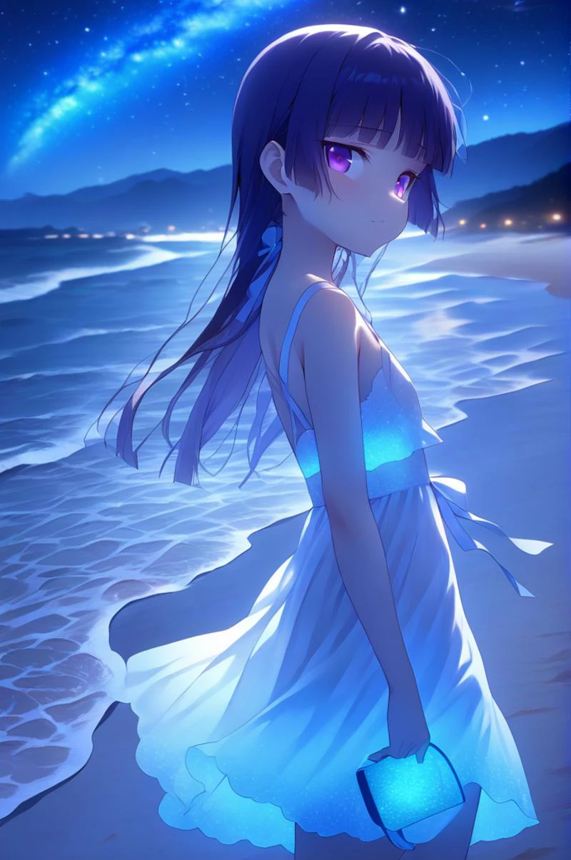 1girl,ite,from side,sky,milky way,gokou ruri,wind,white summer dress,sandals,girl looking at viewer,The beach glowed blue,The water glowed blue,walking by the beach at night emitting a blue glow,zoom out<lora:Glowing_beach:0.9><lora:better skin typeB-v1:1> <lora:XDetail_light:1.2>masterpiece,best quality <lora:ruri_XL:0.7>