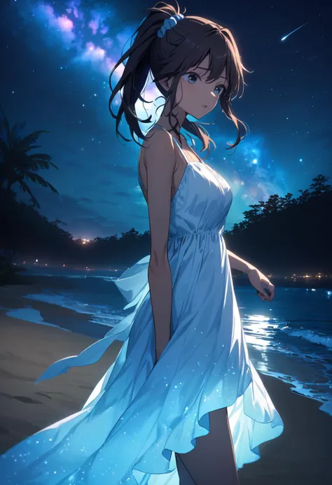 <lora:Glowing_beach:0.6>, 1girl, yuzuri\(memories off 8\), solo, black eyes, hair scrunchie, brown hair, ponytail, one side up, The beach glowed blue, The water glowed blue, sky, milky way, from side, cowboy shot, white summer dress, sandals, glowed dress, blighting dress, midnight, shooting star, starry sky, masterpiece, best quality, highres, 4k, 8k, official art, extremely detailed, wallpaper, perfect lighting, cinematic lighting, <lora:yuzuri-1.3:1>, <lora:aesthetic_anime_v1s:1>