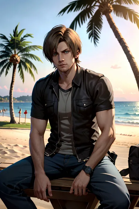 ((ultra detailed, masterpiece, absurdres))
<lora:RE6Leon:0.8>
RE6Leon, 1boy, brown hair, looking at viewer, sitting, at the beach, casual clothing, palm trees, sundown