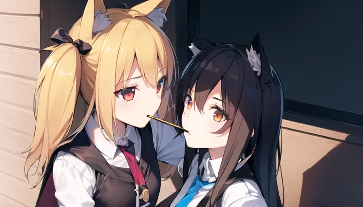 ((masterpiece,best quality)), 2girls, 2wolfgirls, yuri, (red eyes), pocky, (looking at another), shock, collared shirt, detailed background, <lora:arknightsTexasThe_v10:0.4>, <lora:sorawolf:0.9>