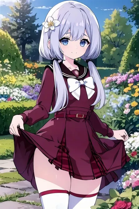 highres,masterpiece, best quality, 1girl, solo,sad smile, (skirt lift by myself:1.2), standing, (cowboy shot:1.2),looking at viewer,large breasts, 
kanbauniform,bowtie,frills,red shirt,red high-waist skirt,
 shiozaki_suzume, hair flower,low twintails, blue eyes,grey hair,
outdoors,thighhighs, garden, 
<lora:kanbauniform_v1_lora:0.8>,<lora:shiozaki_suzume_v1_lora:0.7>