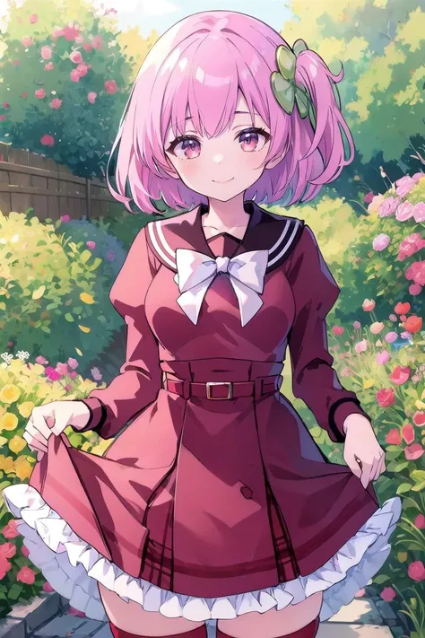 highres,masterpiece, best quality, 1girl, solo, smile , outdoors,garden, (skirt lift by myself:1.2), standing, cowboy shot,looking at viewer, large breasts,
kanbauniform,bowtie,frills,red shirt,red  high-waist skirt,white thighhighs,
HitotsuyanagiRiri,short hair, clover hair ornament,
<lora:kanbauniform_v2_lora:0.8>   <lora:CHAR-HitotsuyanagiRiri:0.8>