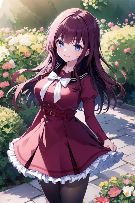 highres,masterpiece, best quality, 1girl, solo, smile , outdoors,garden, (skirt lift by myself:1.2), standing, cowboy shot,looking at viewer, large breasts,
kanbauniform,bowtie,frills,red shirt,red high-waist skirt,
KaedeJohanNouvel, long hair, black pantyhose,
<lora:kanbauniform_v2_lora:0.8> <lora:CHAR-KaedeJohanNouvel:0.6>