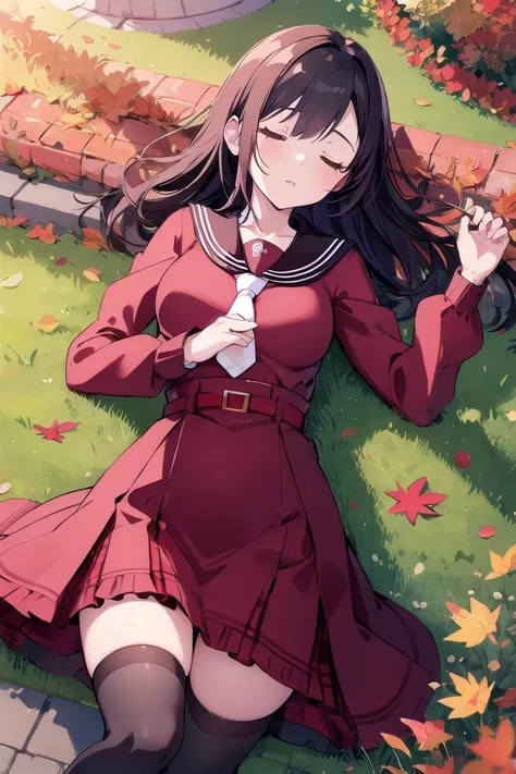 highres,masterpiece, best quality, 1woman, solo, tifa lockhart,  outdoors, large breasts,autumn leaves, public parks,
kanbauniform,short necktie,frills,red shirt,red  high-waist skirt,black thighhighs,
 sleeping,on back, on grass  , from above, 
<lora:kanbauniform_v2_lora:0.8>