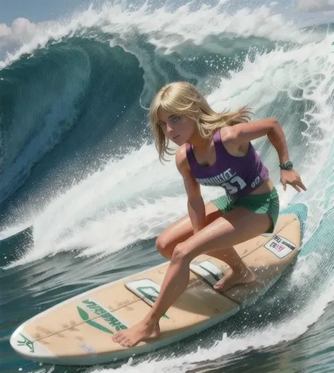 svrf (keri:.8) riding a large wave on a surfboard with feet planted on the same board, wet hair, fun