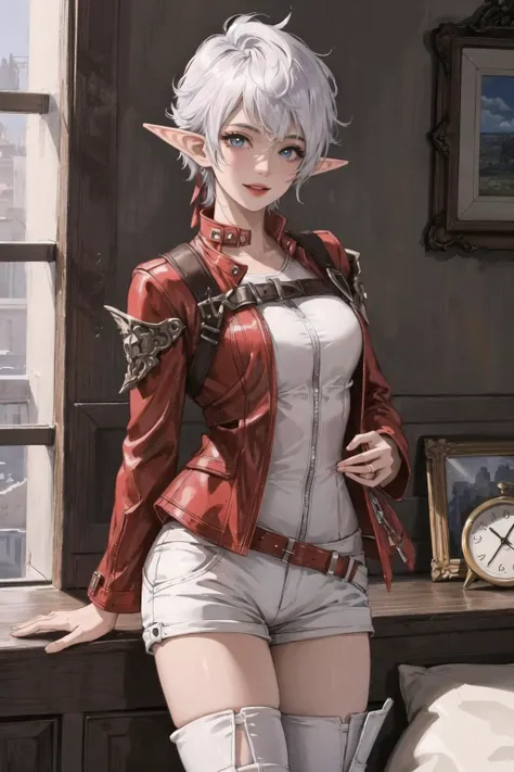 (masterpiece:1.2, best quality), (real picture, intricate details),
alisaie leveilleur (final fantasy), 1girl, <lora:alisaieLeveilleurFinal_fantasy6:0.8>, elf ears, red jacket, thigh boots, white shorts, white shirt,
fit female,
realism, Detailed, intricate, sharp focus, Ultra-detailed, detailed pupils, puffy lips, skindentation, (intricate detail), (Soft Lighting), Charming smile,