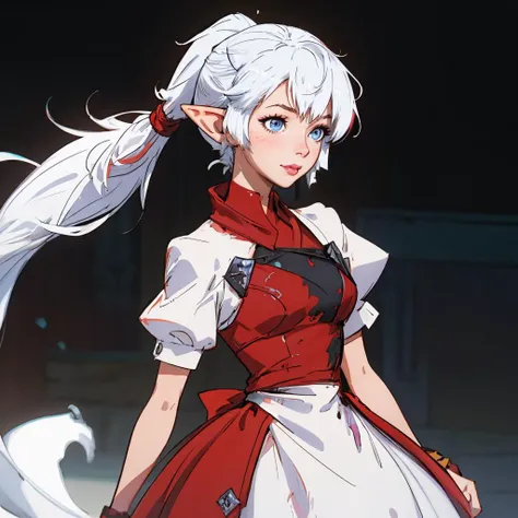 <lora:AlisaieLeveilleurFinalFantasy6:.8>, alisaie, alisaie leveilleur (final fantasy),<lora:ballgown:.8>, red dress, ballgown, gown, elf girl, warm lighting, blue eyes, light smile, 1girl, solo, (((white messy hair))), long ponytail with red hair tie, light blush, art by illya kuvshinov