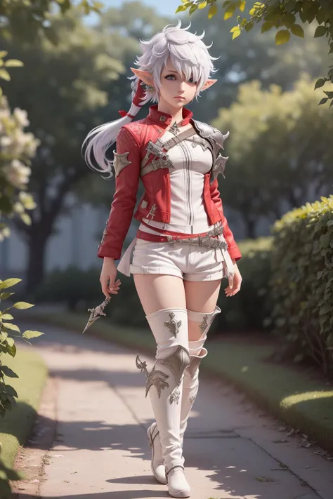 (masterpiece),(best quality), (ultra-detailed), (full body:1.2) ((alisaie leveilleur (final fantasy))), chibi, cute, , low ponytail, red jacket, white shirt, white shorts, thigh boots, open eyes, outdoors, (beautiful detailed face), (beautiful detailed eyes), pink eyes, (beautiful detailed hair) <lora:blindbox_v1_mix:0.8>, <lora:lora:1>