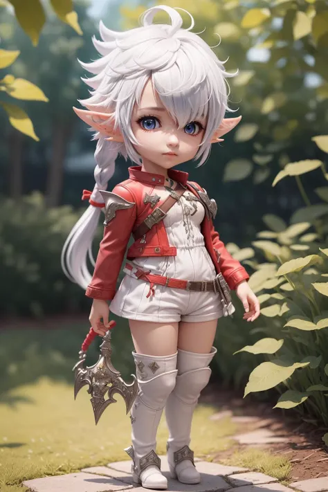 (masterpiece),(best quality), (ultra-detailed), (full body:1.2) ((alisaie leveilleur (final fantasy))), ((chibi)), cute, , low ponytail, red jacket, white shirt, white shorts, thigh boots, open eyes, outdoors, (beautiful detailed face), (beautiful detailed eyes), (beautiful detailed hair) <lora:blindbox_v1_mix:0.8>, <lora:lora:1>
