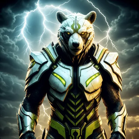 Cyber Bear warrior, white and green armor, yellow neon eyes, sci fi concept, cyber Bear warrior from the future, dark atmosphere, black background, chromatics,Intense Lightning, colorful, epic, intricate detail, sharp contrast, dynamic action, dramatic, cinematic lighting, Michael Bay style, winning awards photograph, photorealistic, hyperdetailed, Canon EOS 5D Mark IV. Photorealistic, incredible detail, dramatic lighting