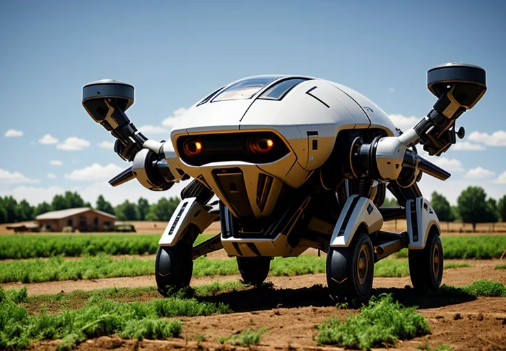 retrofuturistic daily life in USA in 1980s.Fmodern farming, farmers in the fields with futuristic machines mech in the style of the 80s