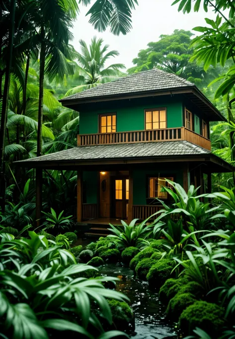 A small off the grid house in a lush, green rainforest of costa rica with heavy rain pouring hard on the roof, emphasizing the contrast between the natural surroundings and the rainwater running off the roof, Nature Photography, captured with a macro lens Nikon AF-S VR Micro-Nikkor 105mm f/2.8G IF-ED at an aperture of f/5.6
