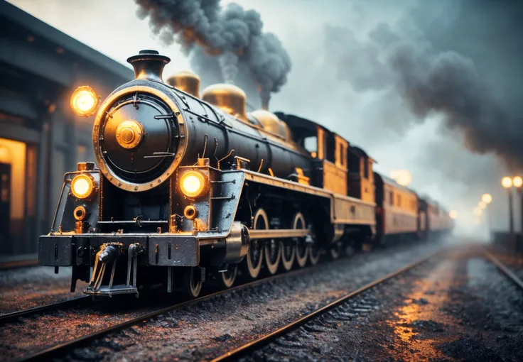 steam locomotive belches smoke detail, macro lens, high details, photorealistic, cinematic lights, sharp focus