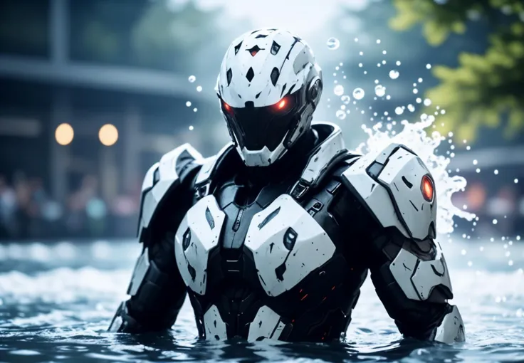 unreal engine, cyberpunk, black-grey armor face in water, lifelike, amateur photography, festival vibes, raw, natural, refreshing, dynamic action, water droplets, unfiltered, vibrant colors, summer festival, sunlit background, spontaneous moment